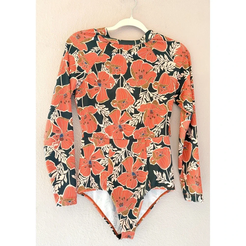 Seea Coral Floral Long Sleeve One-Piece Swimsuit - Black Background